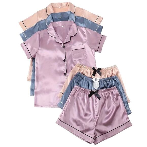 Women’s Satin Pajama 3 Piece Set – Short Sleeve Top & Shorts, Multiple Colors!! - Picture 1 of 6